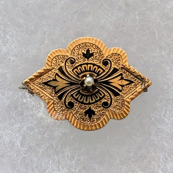 Antique Victorian Solid 10K Yellow Gold Black Niello White...